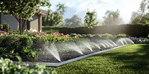 Smart irrigation sprinklers watering lawn